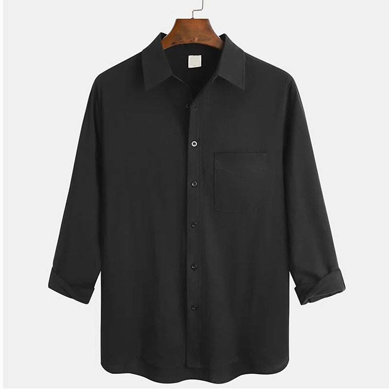 Men's Linen Shirt Summer Shirt Beach Wear Button Up Shirt Plain Vacation Casual Black Blue Brown Khaki Long Sleeve Turndown Spring &  Fall Clothing Apparel Front Pocket3