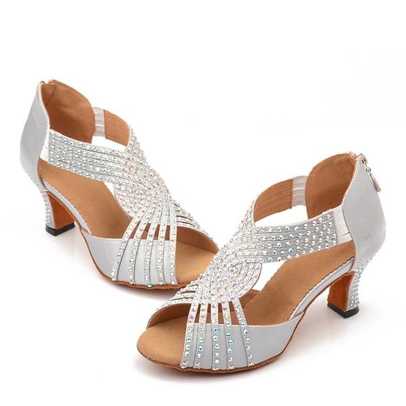 Women's Silver Rhinestone Latin Dance Sandals with Strappy Design, Soft Suede Sole and Mid Heels for Ballroom and Performance2