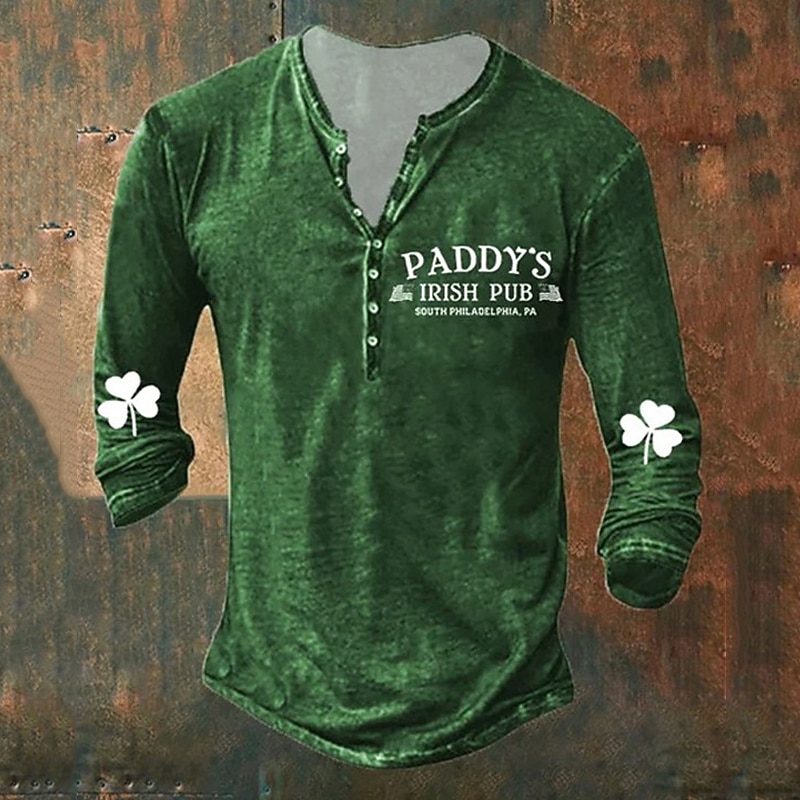 St.Patrick's Day st paddys Men's Henley Shirt Tee Graphic St. Patrick's Day Clover Henley Clothing Apparel 3D Print Outdoor Casual Long Sleeve Button-Down Print Fashion Designer