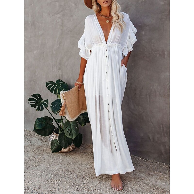 Women's Long Dress Maxi Dress Party Dress Casual Dress Swing Dress Pure Color Fashion Casual Outdoor Daily Vacation Ruffle Backless Short Sleeve V Neck Dress Loose Fit ArmyGreen White Red Summer2