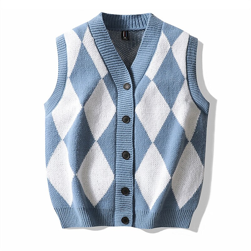 Men's Sweater Vest Cardigan Sweater Ribbed Knit Buttons Knitted Geometric V Neck Modern Contemporary Daily Wear Going out Clothing Apparel Sleeveless Fall & Winter Black Blue M L XL2