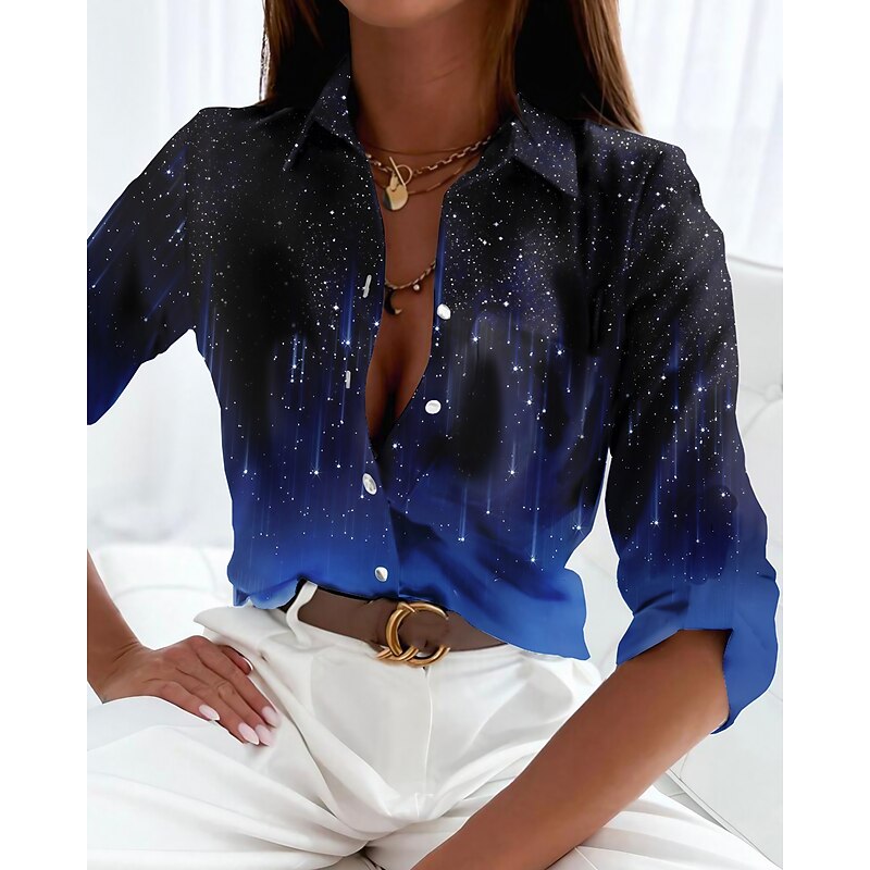Women's Shirt Long Sleeve Button Down Blouse Basic Buttons Print Regular Tops Shirt Collar Casual Daily Blue Gray Spring Fall