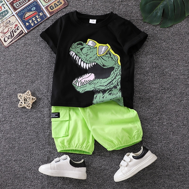 2 Pieces Toddler Boys T-shirt & Shorts Outfit Dinosaur Short Sleeve Cotton Set Outdoor Fashion Daily Summer Spring 3-7 Years White Yellow3