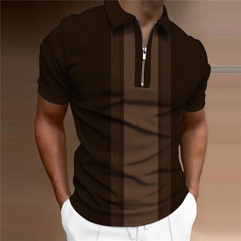 Men's Striped Zip Polo Shirts Golf Shirt Short Sleeve Polo Shirts Collared Shirts Business Casual WorkWear Formal Wear Festival Wear 3D Print Quarter Zip Polo Wine Blue Brown3