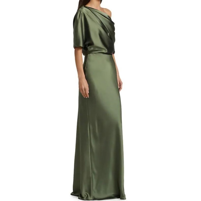 Sheath Mother of the Bride Dress Wedding Guest Formal Evening Elegant Party Off Shoulder Sweep / Brush Train Satin Half Sleeve with Ruching3