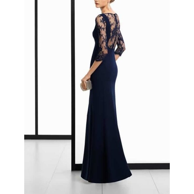 Sheath Mother of the Bride Dress Wedding Guest Vintage Party Scoop Neck Floor Length Lace Stretch Fabric 3/4 Length Sleeve with Solid Color2
