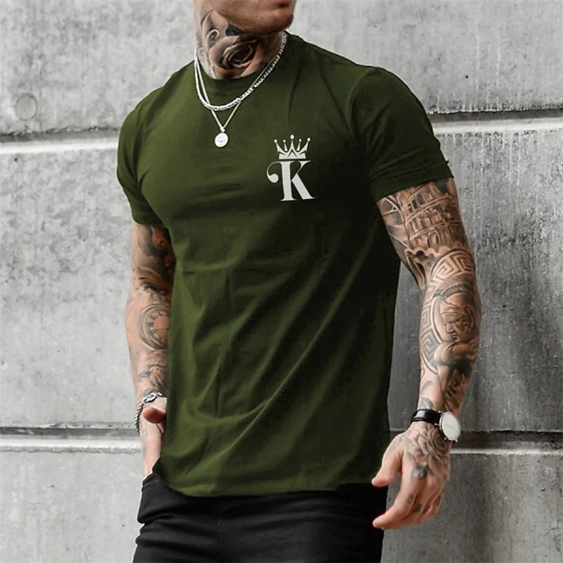 Men's Black Short Sleeve T-Shirt with Crown K Initial Graphic Casual Tee