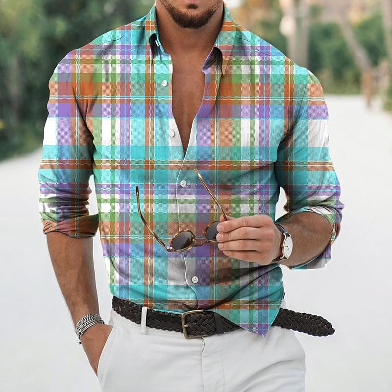 Men's Plaid Geometric Pattern Shirt Button Up Shirt Long Sleeve Sports Fashion Streetwear Outdoor Casual Daily Fall & Winter Turndown Print Button-Down Yellow Pink Blue Green