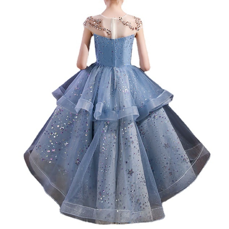Kids Girls' Party Dress Sequin Short Sleeve Performance Wedding Ruched Mesh Fashion Princess Polyester Midi Party Dress Swing Dress Summer Spring 3-12 Years Blue3