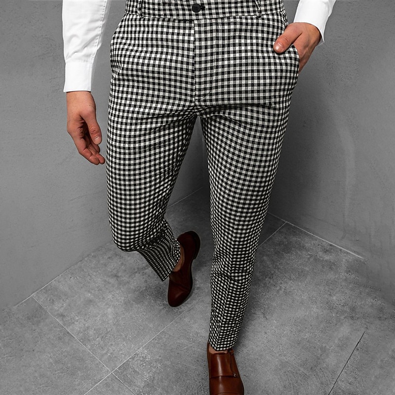 Men's Trousers Chinos Jogger Pants Plaid Dress Pants Pocket Lattice Breathable Outdoor Full Length Business Daily Classic Smart Casual Black Blue Micro-elastic