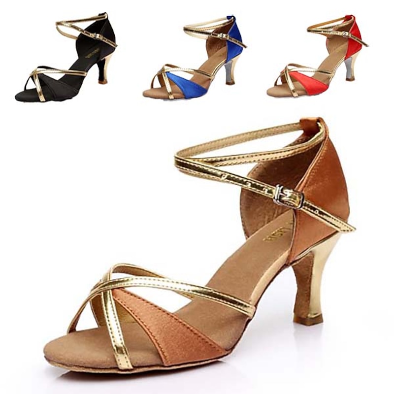 Women's Black and Gold Strappy Soft Suede Sole Latin Dance Shoes, Elegant Moderate High Heel for Latin & Ballroom Dance