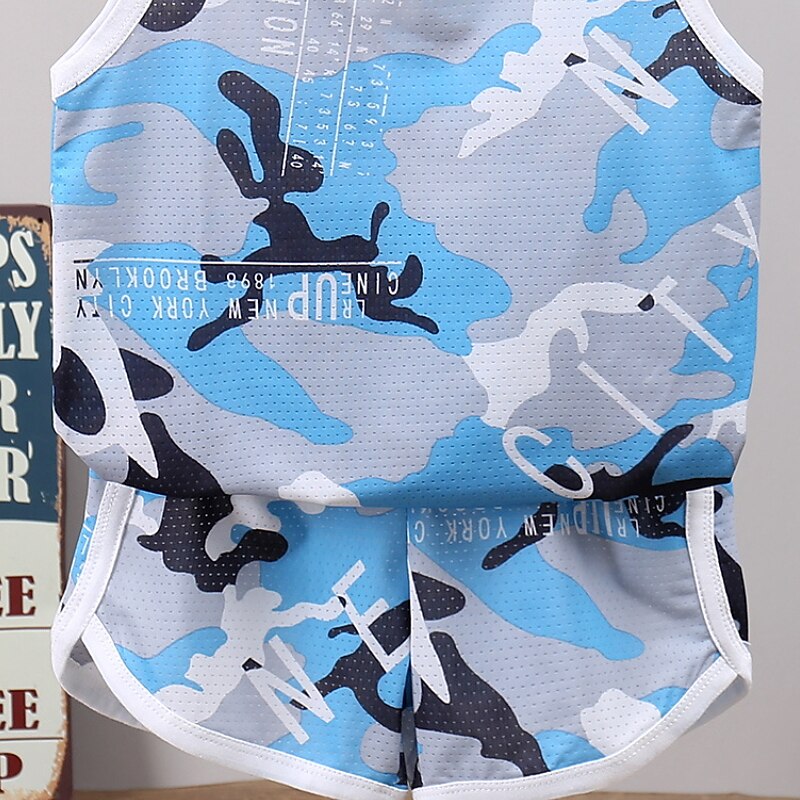 2 Pieces Kids Boys Tank & Shorts Outfit Cartoon Camo Sleeveless Cotton Set Casual Cool Daily Summer Spring 3-7 Years White Blue Sky Blue4