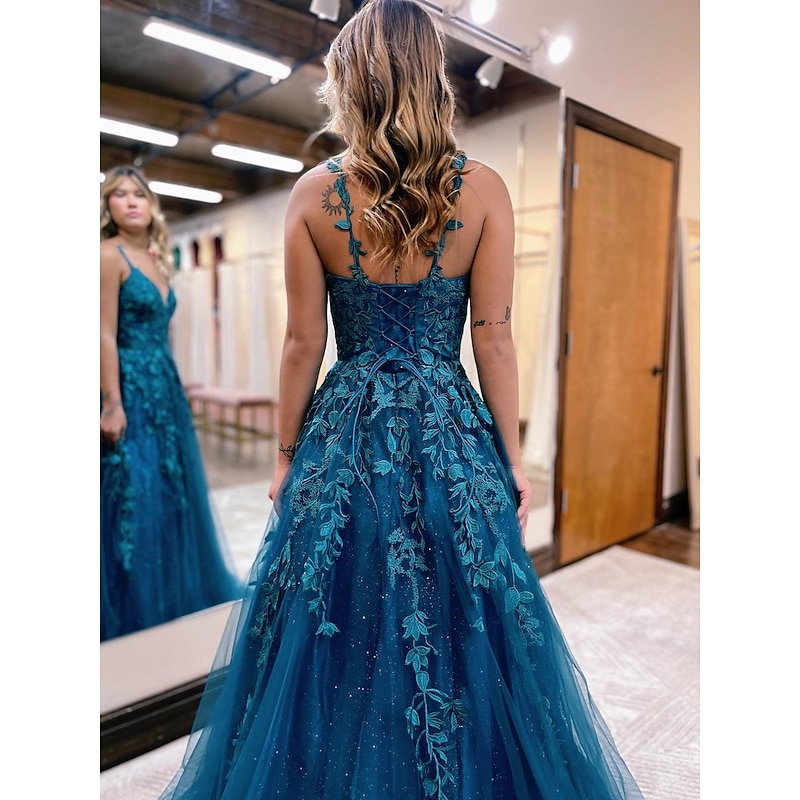 Ball Gown A-Line Prom Dresses Sparkle & Shine Dress Formal Wedding Party Floor Length Sleeveless V Neck Tulle Backless with Glitter Appliques3