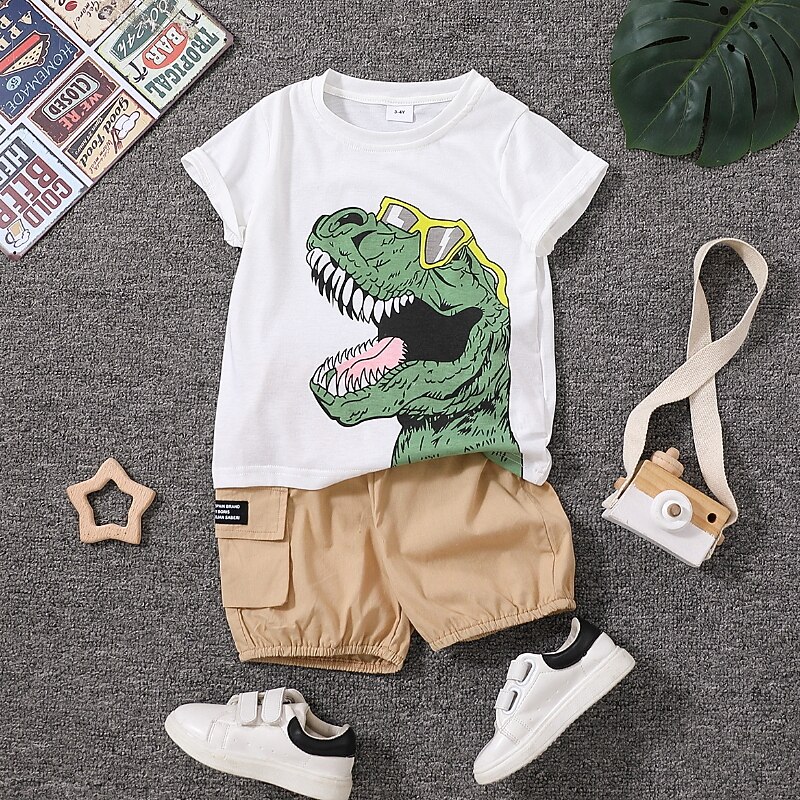 2 Pieces Toddler Boys T-shirt & Shorts Outfit Dinosaur Short Sleeve Cotton Set Outdoor Fashion Daily Summer Spring 3-7 Years White Yellow2