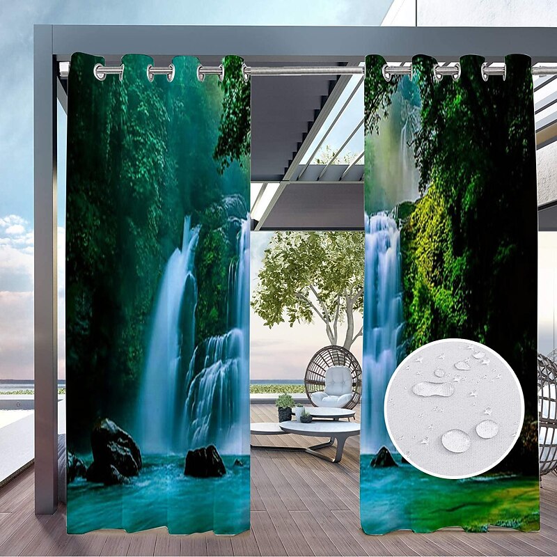 2 Panels Outdoor Curtain Privacy Waterproof, Sliding Patio Curtain Drapes, Pergola Curtains Grommet 3D Forest Landscape For Gazebo, Balcony, Porch, Party4