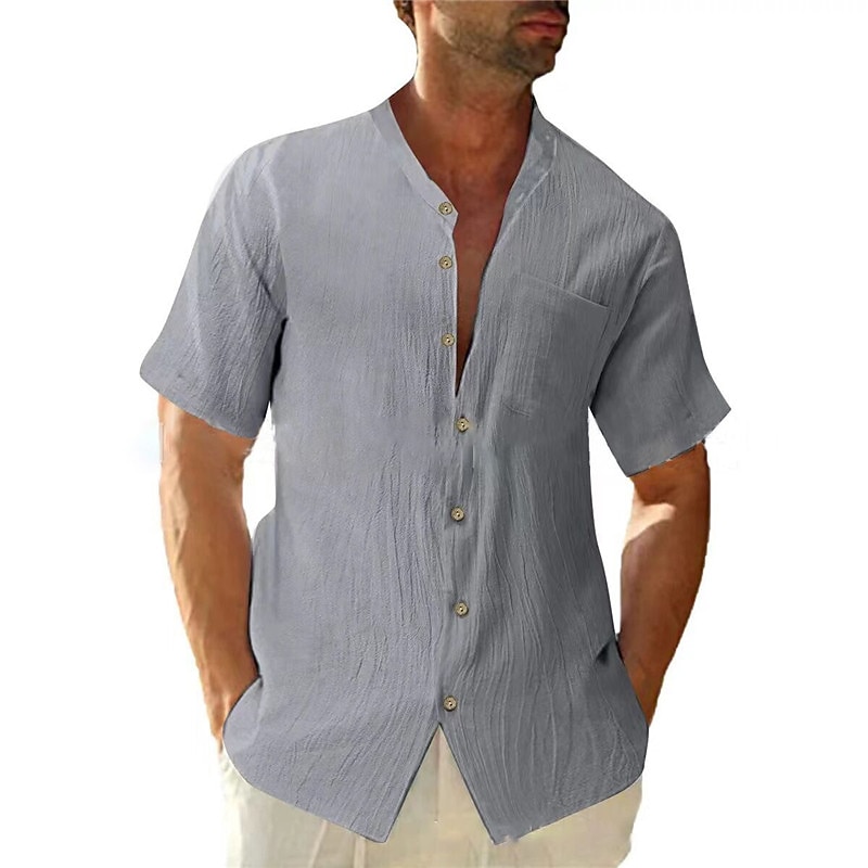 Men's Cotton Linen Shirt White Cotton Shirt Chinese Collar Shirt Mandarin Collar Shirt Summer Shirt Beach Shirt Plain Vacation Casual White Blue Gray Short Sleeve Collar Summer Clothing Apparel Front3