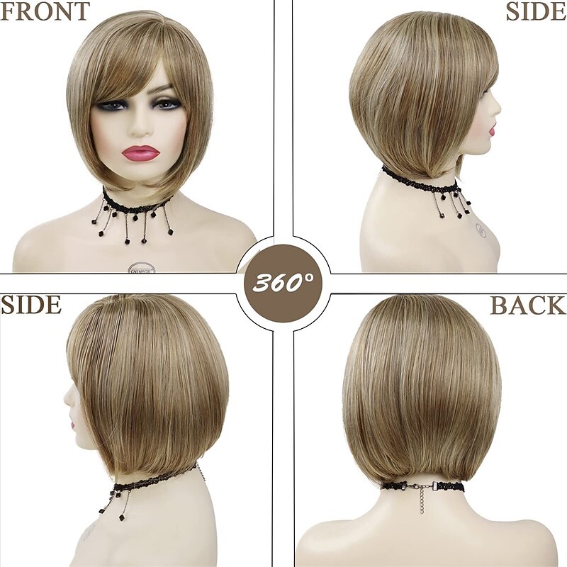 Short Light Brown Mix Blonde Bob Wig with Bangs for White Women Natural Synthetic Hairstyles with Highlight Soft Hair Replacement Wigs Daily Use Christmas Costume for Women4