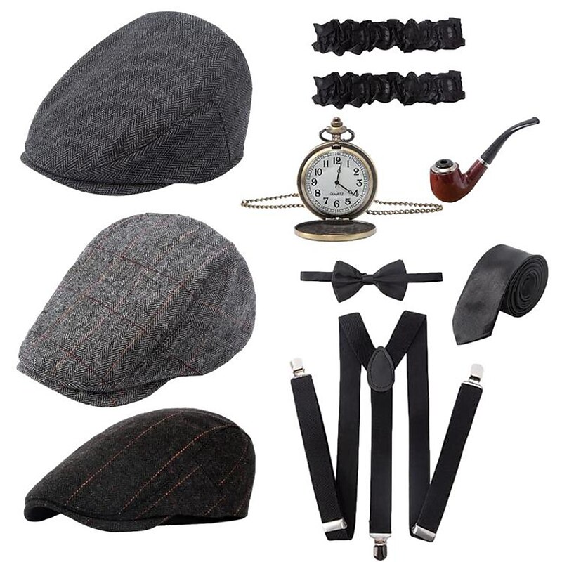 7 Pcs 1920s Gangster Costume Men Gatsby Beret Hat Retro Pocket Watch Y-Back Suspenders Tie Armbands Manhattan Mens Costume Accessories2