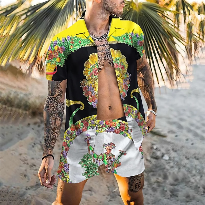 Men's Floral Tribal 2pcs Shirts Sets Summer Hawaiian Shirt Short Sleeve Short Pants Cuban Collar Tropical Fashion Hawaiian Street Casual Hawaiian Print Summer Spring White Yellow Fuchsia2