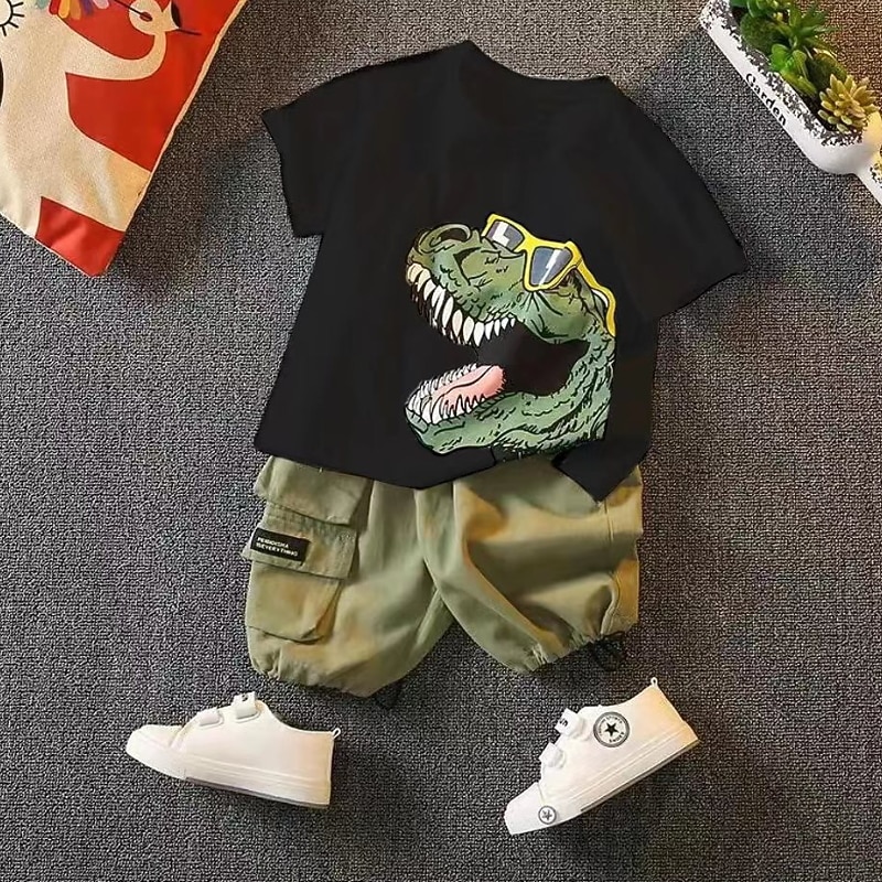2 Pieces Toddler Boys T-shirt & Shorts Outfit Dinosaur Short Sleeve Cotton Set Outdoor Fashion Daily Summer Spring 3-7 Years White Yellow4