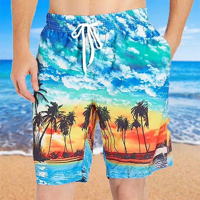 Men's Coconut Tree Print Swimming Trunks Bathing Suit Board Shorts Mid Waist Hawaiian Casual Athleisure Daily Holiday Pocket Drawstring with Mesh lining Designer Clothing Apparel