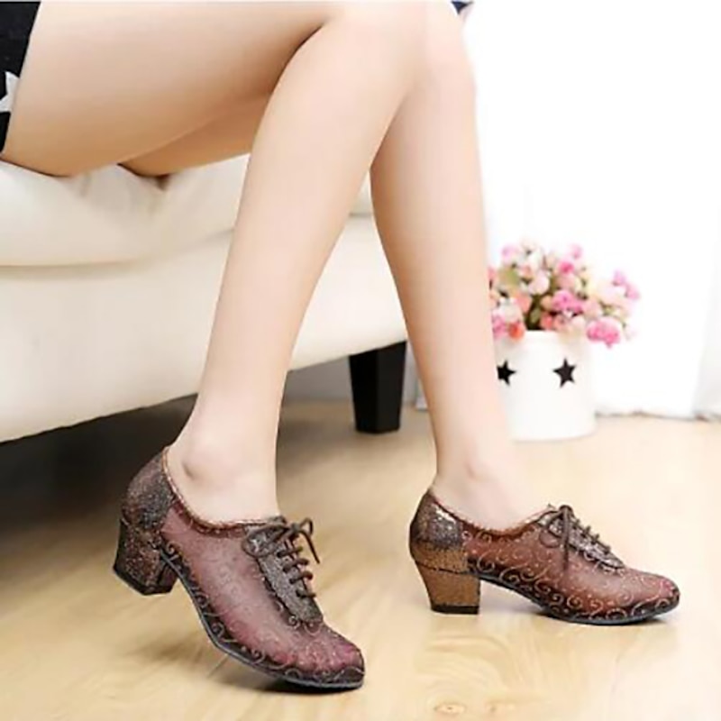 Women's Lace-Up Mesh Latin Dance Shoes with Low Chunky Heel – Breathable Performance Ballroom Practice Shoes for Beginners and Professionals4