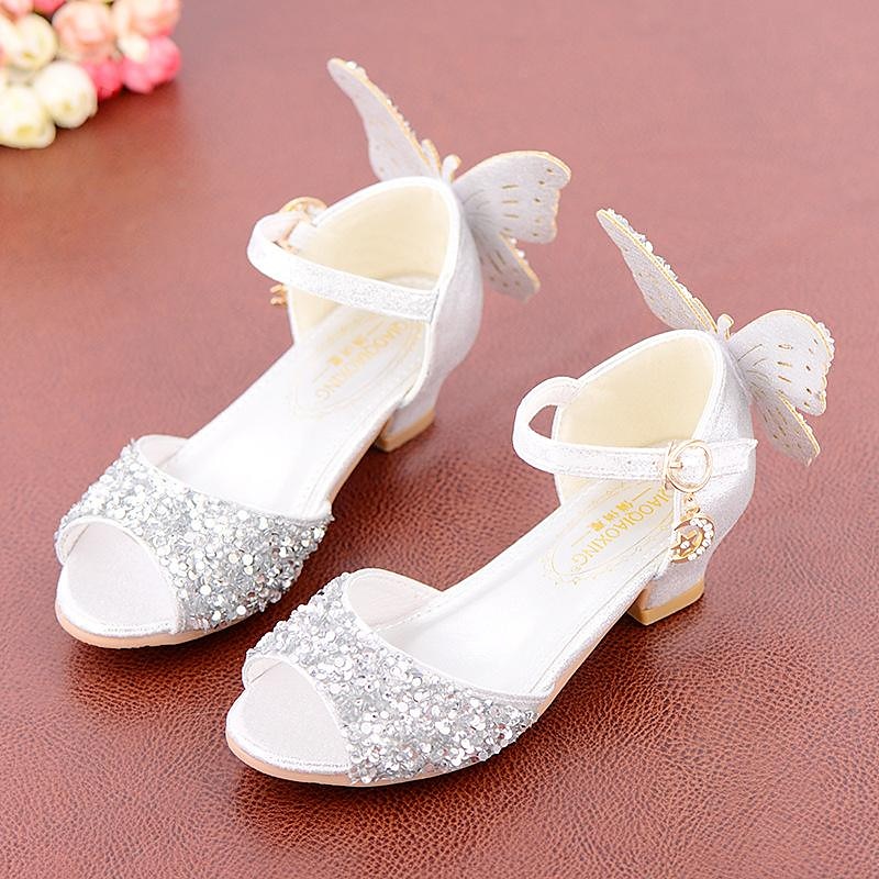 Girls' Sparkly Butterfly Princess Shoes – Glittery Open-Toe Dress Shoes with Low Heels for Weddings or Parties