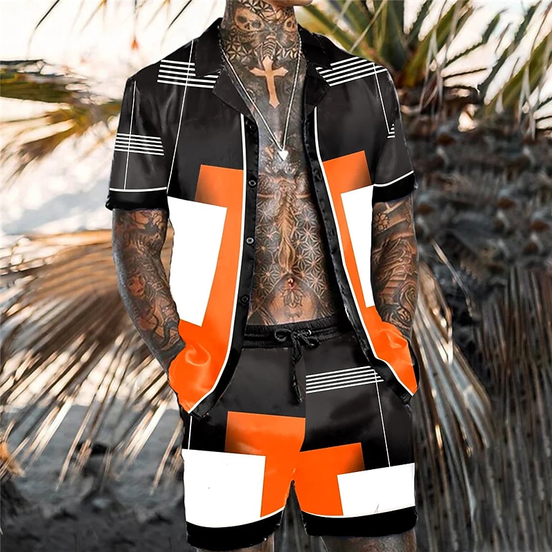Men's Geometric Pattern Geometry 2pcs Shirts Sets Summer Hawaiian Shirt Short Sleeve Short Pants Cuban Collar Tropical Fashion Hawaiian Casual Holiday Beach Print Summer Spring Yellow Orange Coffee