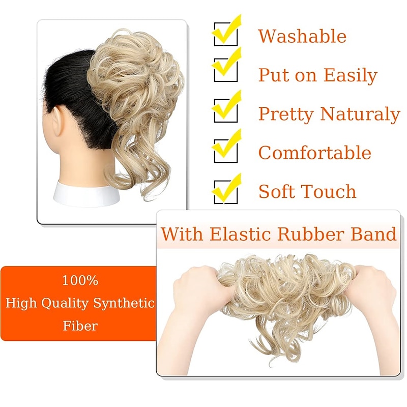 Messy Bun Hair Piece Long Wavy Tousled Updo Hair Bun Extensions Wavy Hair Wrap Ponytail Hairpieces Hair Scrunchies with Elastic Hair Band for Women Girls -Ash blonde mix Ginger Brown2
