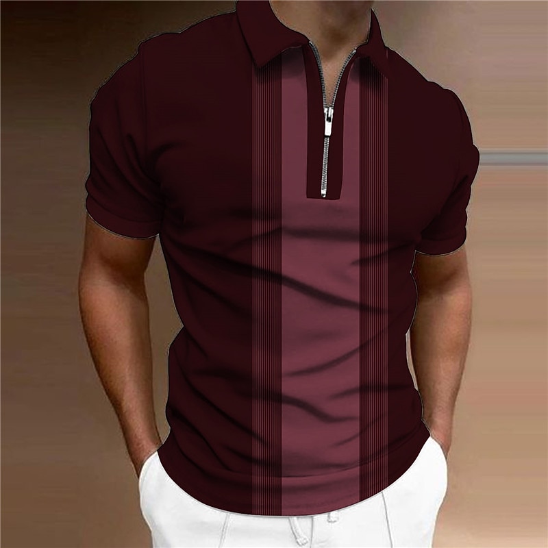 Men's Striped Zip Polo Shirts Golf Shirt Short Sleeve Polo Shirts Collared Shirts Business Casual WorkWear Formal Wear Festival Wear 3D Print Quarter Zip Polo Wine Blue Brown2