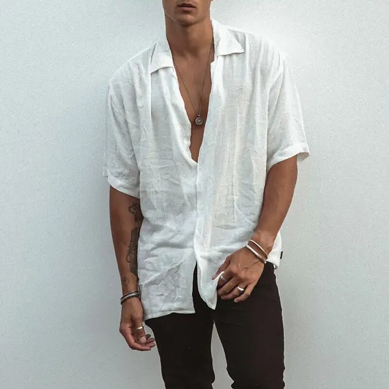 Men's Summer Shirt Beach Wear Button Up Shirt Plain Vacation Curise White Blue Khaki Gray Short Sleeve Turndown Summer Clothing Apparel2