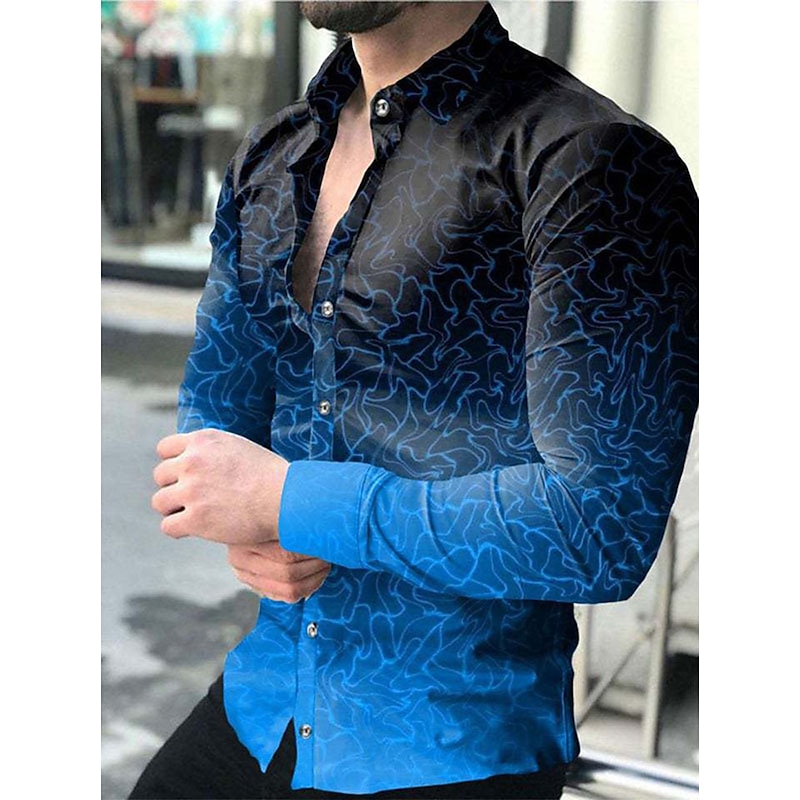 Men's Gradient Geometric Pattern Geometry Shirt Button Up Shirt Long Sleeve Fashion Streetwear Designer Outdoor Casual Daily Fall & Winter Turndown Print Button-Down Black Royal Blue Blue2