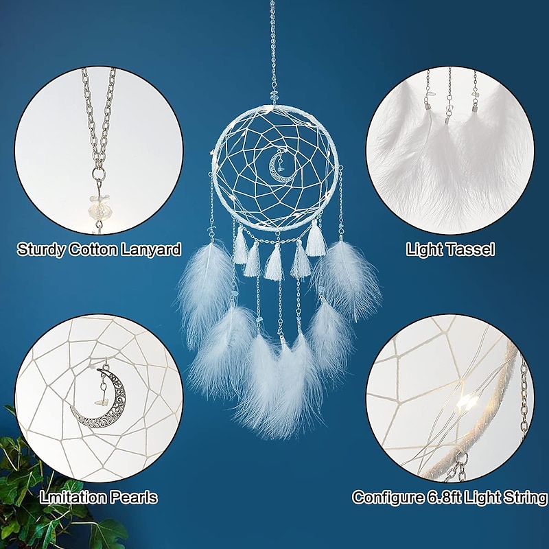 LED Dream Catcher Wall Decor with Feather Pendant Wall Hanging Ornament Wind Chimes Light for Car Home Girl Children's Bedroom Decoration Christmas Birthday Party Balcony Window Ramadan Eid Decorations4