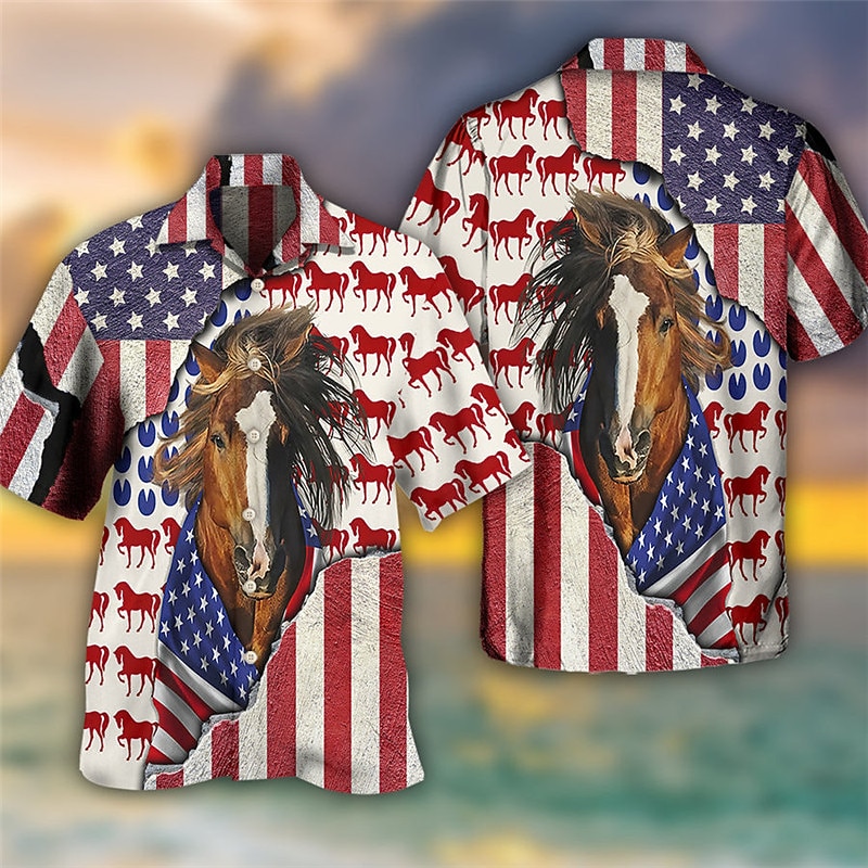 Men's Flag Horse Graphic Prints Shirt Summer Hawaiian Shirt Short Sleeve Shirt Turndown Casual Hawaiian White Red Blue Brown Print Button-Down Clothing Apparel Tropical Fashion Hawaiian Soft2