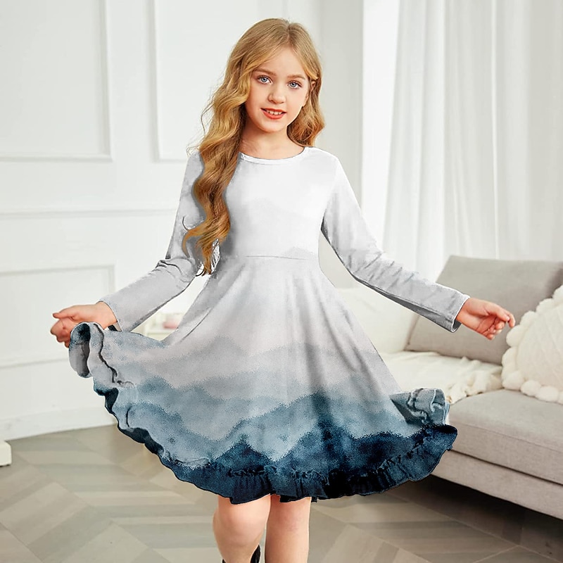 Kids Girls' Dress Floral Color Block Gradient Long Sleeve Outdoor Casual Casual Sweet Polyester Above Knee A Line Dress Summer Spring Fall 4-12 Years Multicolor Black White4