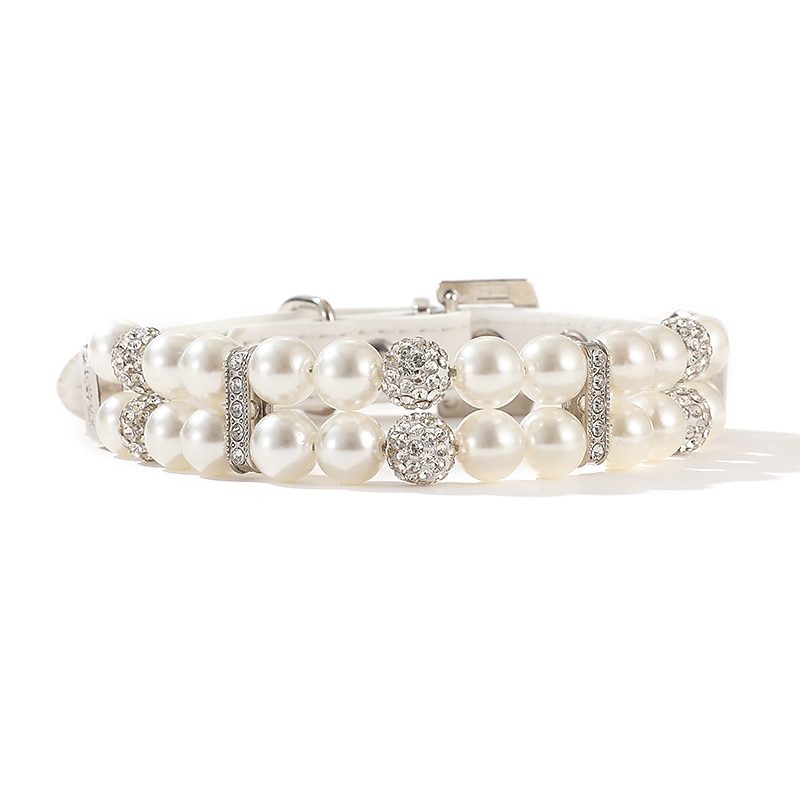 Pet Collar 009 White Pearl Collar Traction Belt Set Dog Belt Cat Chain Collar4