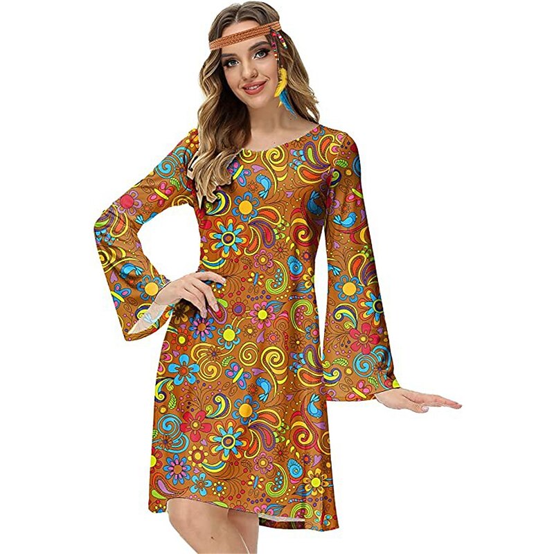 Set with Hippie Dress Boho Style Feather Hair Band 2 PCS Retro Vintage 1970s Disco Dress Women's Cosplay Costume Vintage Party Evening Long Sleeve Dress Casual Daily3