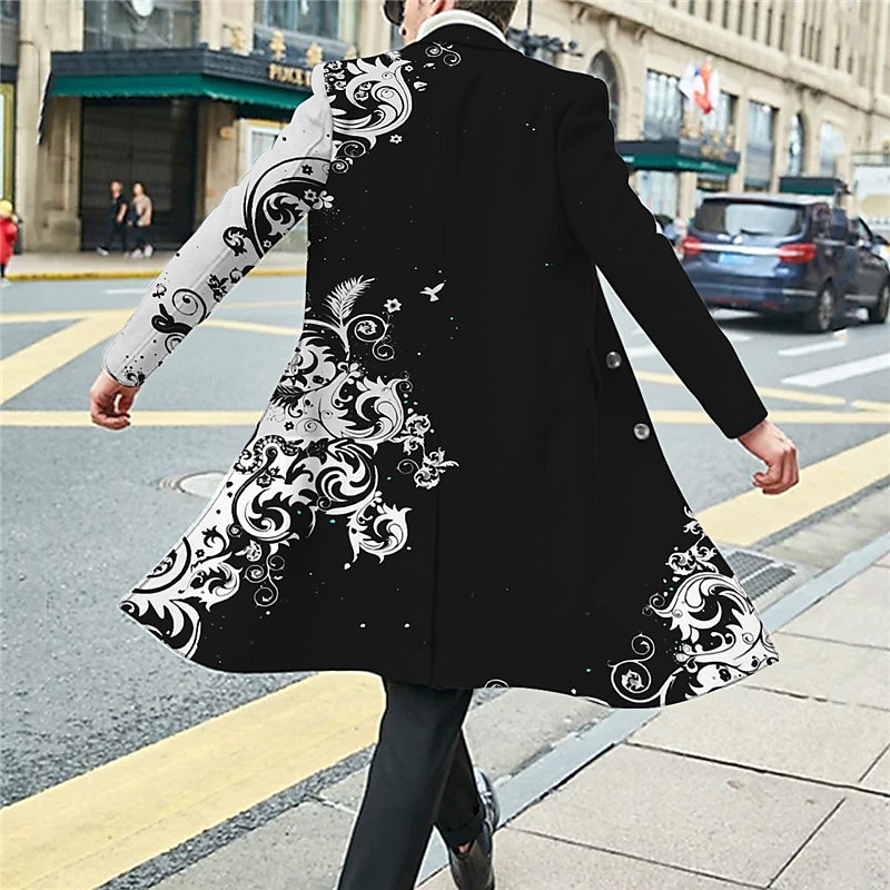 Men's Floral Graphic Prints Winter Coat Overcoat Coat Warm Comfortable Breathable Fashion Streetwear Business Work Wear to work Going out Pocket Print Fall & Winter Turndown Long Sleeve Black White2