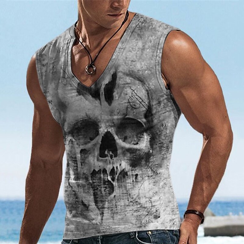 Men's Graphic Skulls Vest Top Sleeveless T Shirt for Men Sleeveless T shirt 3D Print V Neck Shirt Designer Casual Muscle Sports Running Gym Blue Purple Khaki Spring & Summer Clothing Apparel S M L XL