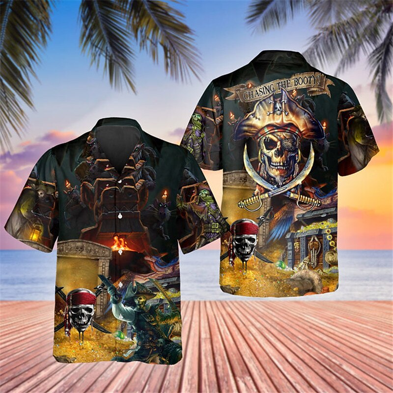 Men's Skull Pirate Shirt Button Up Shirt Short Sleeve Tropical Sports Streetwear Casual Beach Summer Spring Turndown Print Button-Down Yellow