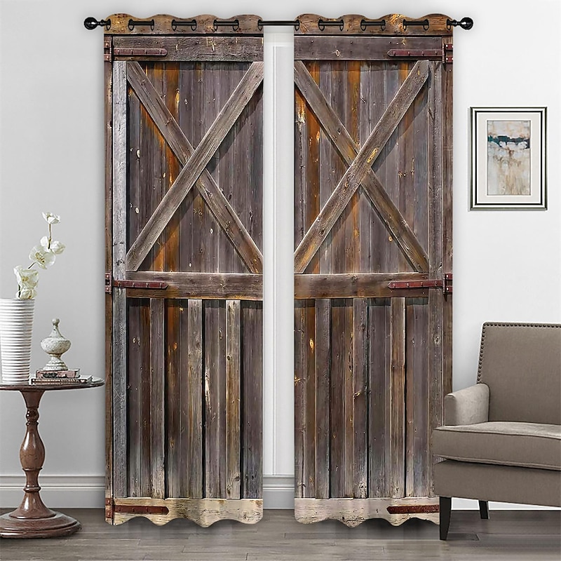 Farmhouse Curtain 2 Panels，Barn Wood Door Curtain Drapes For Living Room Bedroom,Grommet/Eyelet Curtain for Kitchen Door Window Treatments Room Darkening