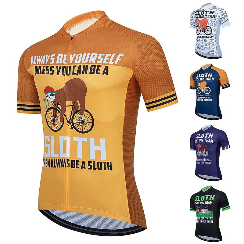 Men's Cycling Jersey Funny Sloth Short Sleeve Bike Jersey Top with 3 Rear Pockets Mountain Bike MTB Road Bike Cycling Quick Dry Reflective Strips Back Pocket Moisture Wicking Sports Dark Navy Orange