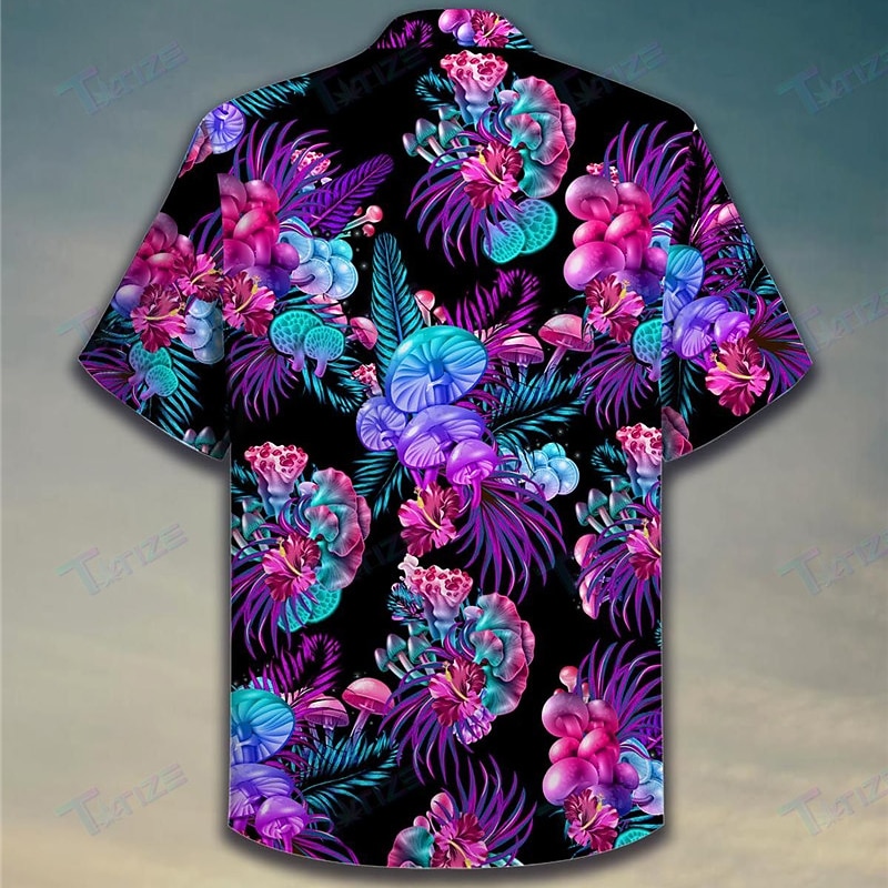 Men's Mushroom Leaves Tropical Plants Shirt Summer Hawaiian Shirt Aloha Shirt Short Sleeve Shirt Cuban Collar Tropical Fashion Streetwear Casual Hawaiian Holiday Purple S M L2