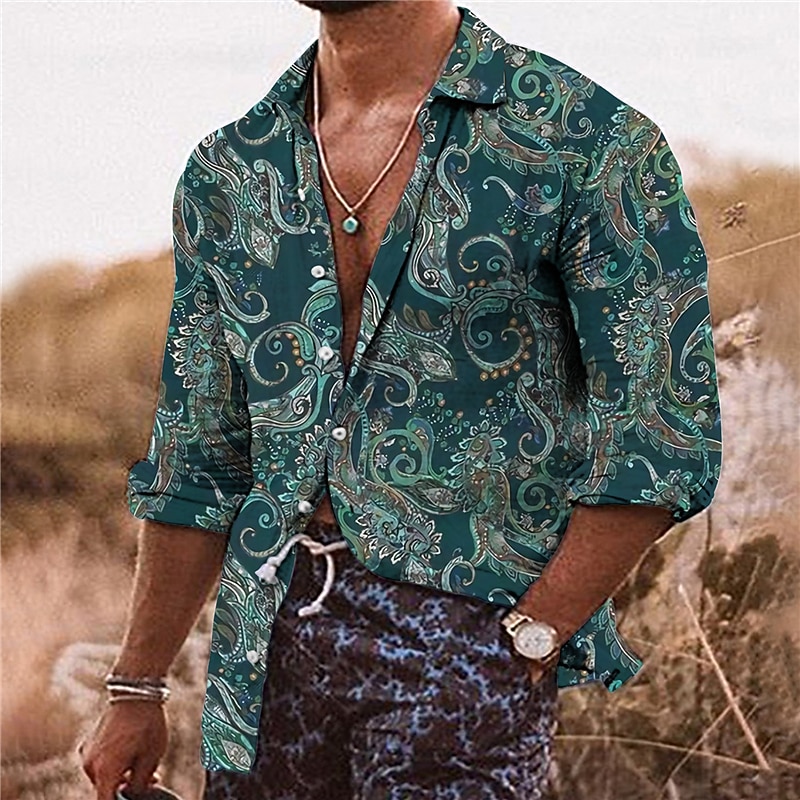Men's Floral Shirt Boho Shirt Button Up Shirt Long Sleeve Fashion Streetwear Designer Outdoor Casual Daily Fall & Winter Turndown Print Button-Down Olive Green Pink Navy Blue Gray