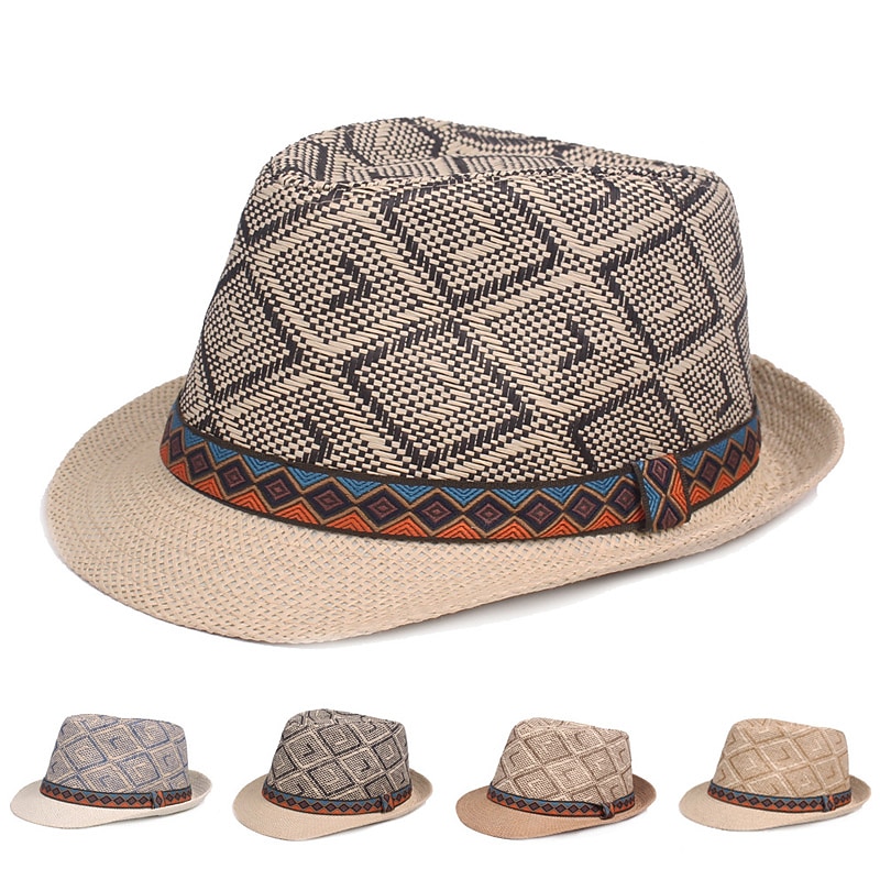 Men's Straw Hat Black Blue Licorice Braided Streetwear Stylish Casual Daily Outdoor clothing Holiday Diamond Pattern Sunscreen Breathability