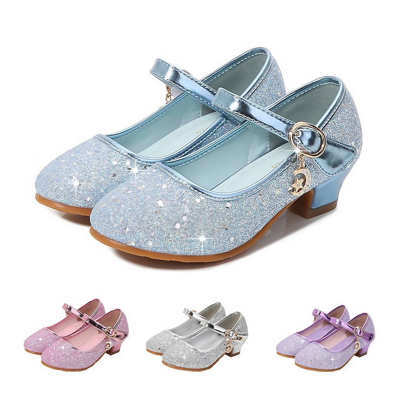 Girls' Blue Glitter Princess Dress Shoes, Low - Heel with Moon - Star Charm, Sparkly Rhinestone Party Pageant Birthday Shoes