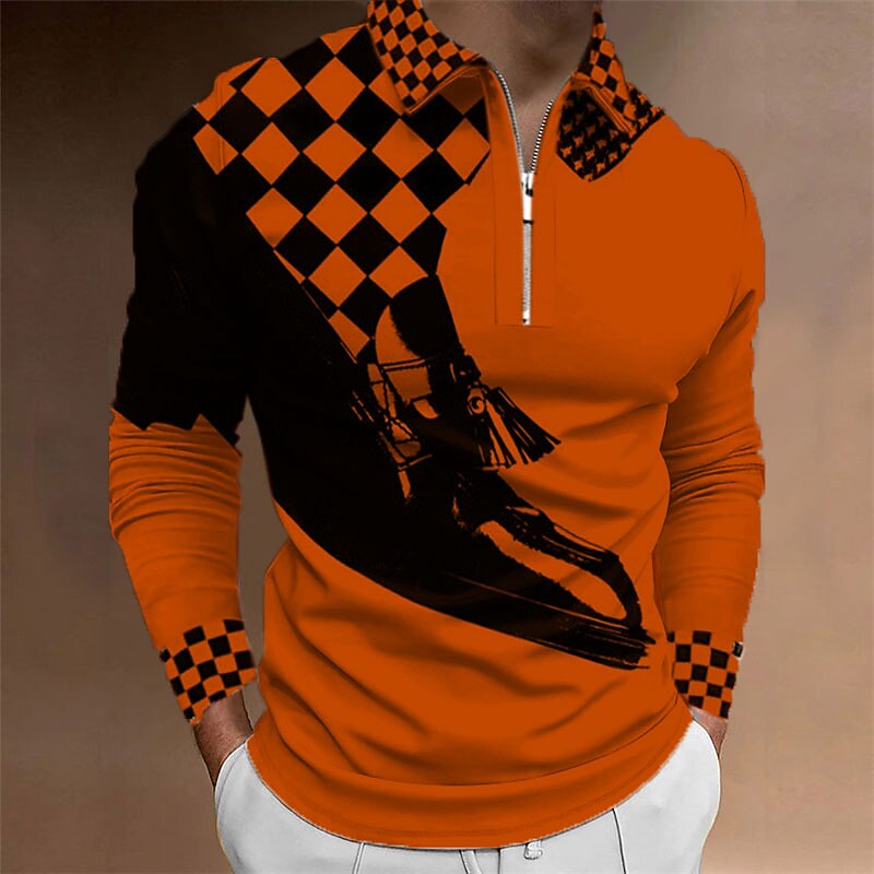 Music Festival Men's Plaid Music Zip Polo Shirts Golf Shirt Long Sleeve Polo Shirts Collared Shirts Casual Vacation Wear Festival Wear Party Outfits 3D Print Quarter Zip Polo Black Yellow Red4