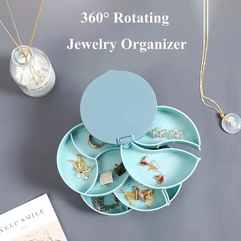 1pc Jewelry Stand Holder, Jewelry Display Tray, Jewelry Storage Box Multilayer Rotating Plastic Jewelry Stand Earrings Ring Box Cosmetics Beauty Container Organizer With Mirror2