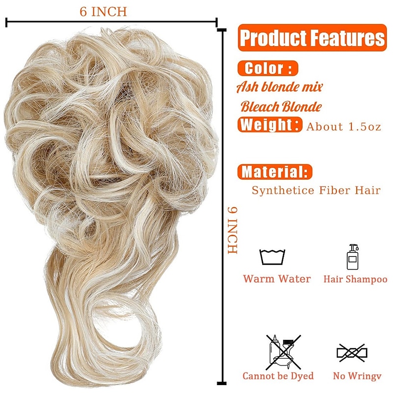 Messy Bun Hair Piece Long Wavy Tousled Updo Hair Bun Extensions Wavy Hair Wrap Ponytail Hairpieces Hair Scrunchies with Elastic Hair Band for Women Girls -Ash blonde mix Ginger Brown3