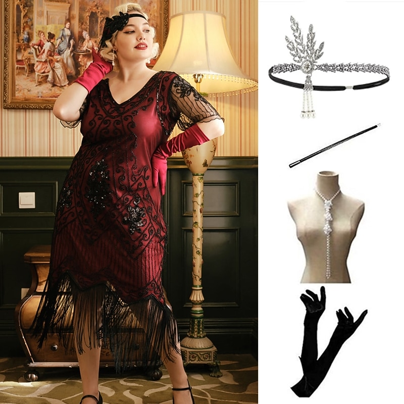 The Great Gatsby Midi Flapper Dress Dress Outfits The Great Gatsby Sequins Tassel Fringe Sequin Tassel V Neck Fancy Dress Women's Masquerade Prom Party & Evening Bachelorette Party Adults' Dress3